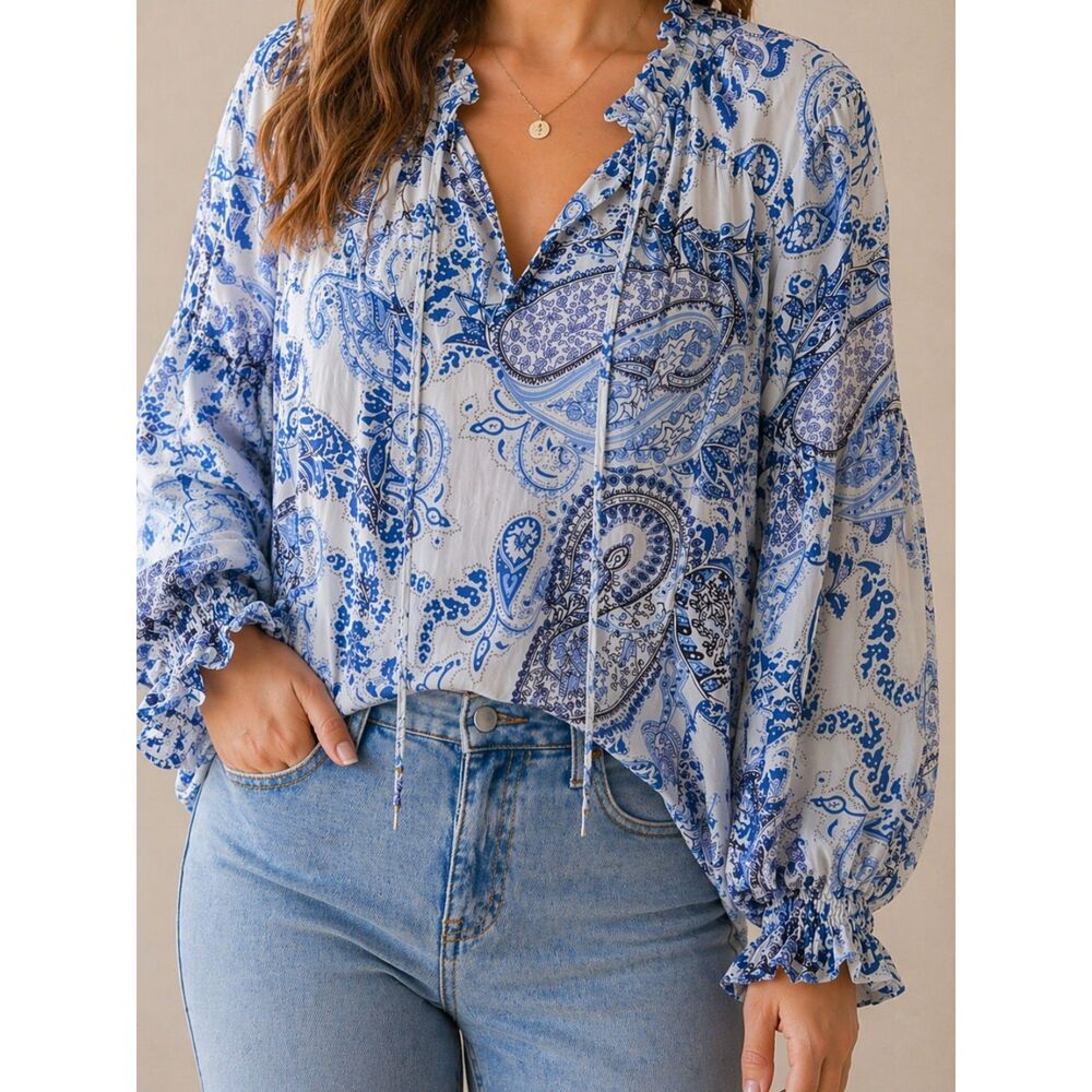 Cynthia Rowley Blue Paisley Boho Peasant Blouse Size 2X Flowy Top